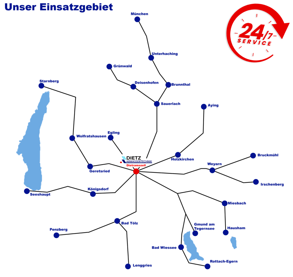 Karte von dem Einsatzgebiet Firmen Zentrale Dietramszell mit 24 Stunden Service