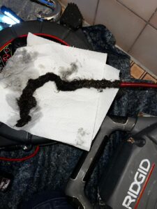 Rohrreinigung im Badezimmer, Spirale ist voller Haare und Ablagerungen.